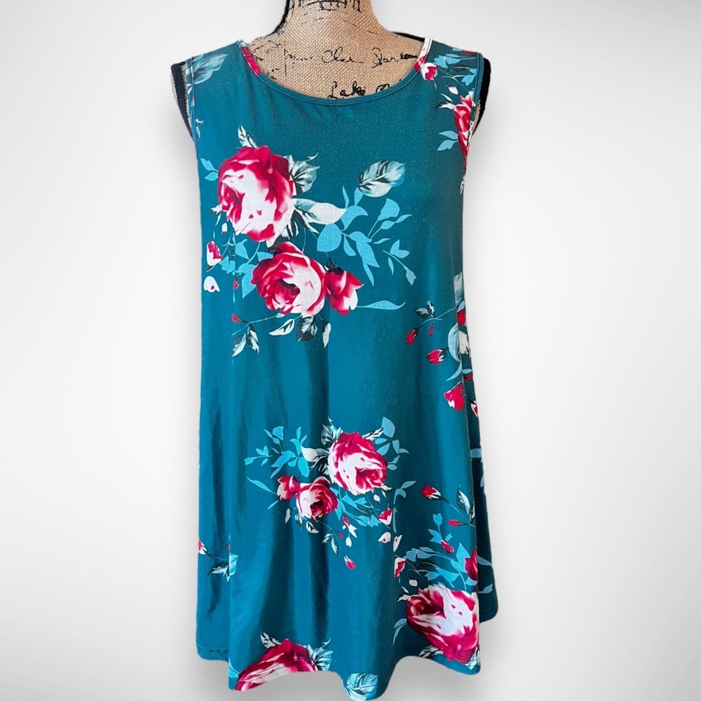 VERANEE Teal Floral Sleeveless Tunic Shirt Or Dress Medium | EUC